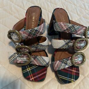 Kurt Geiger Women's Multi-Color Plaid Mules with Gold Buckles